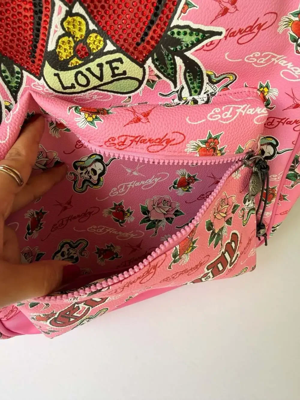 Ed Hardy Pink Tattoo Print Vegan Leather Backpack